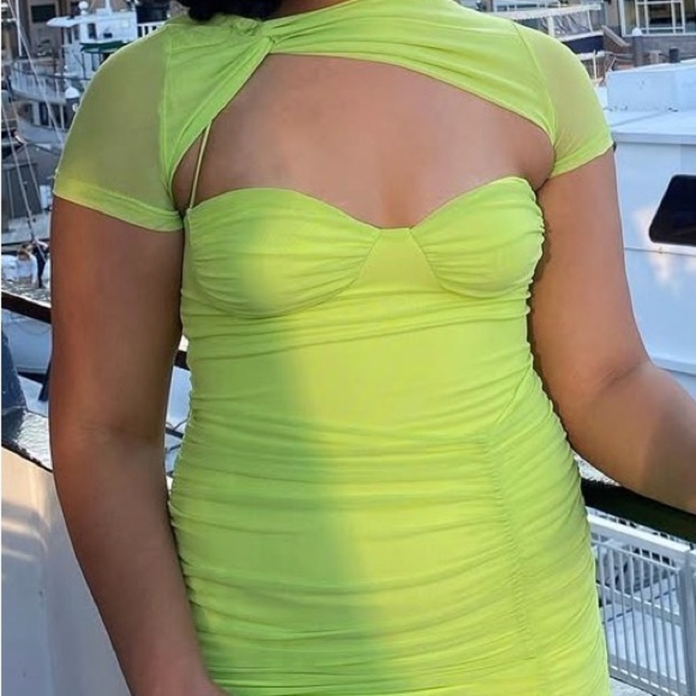 Neon Lime Ruched Cutout Dress